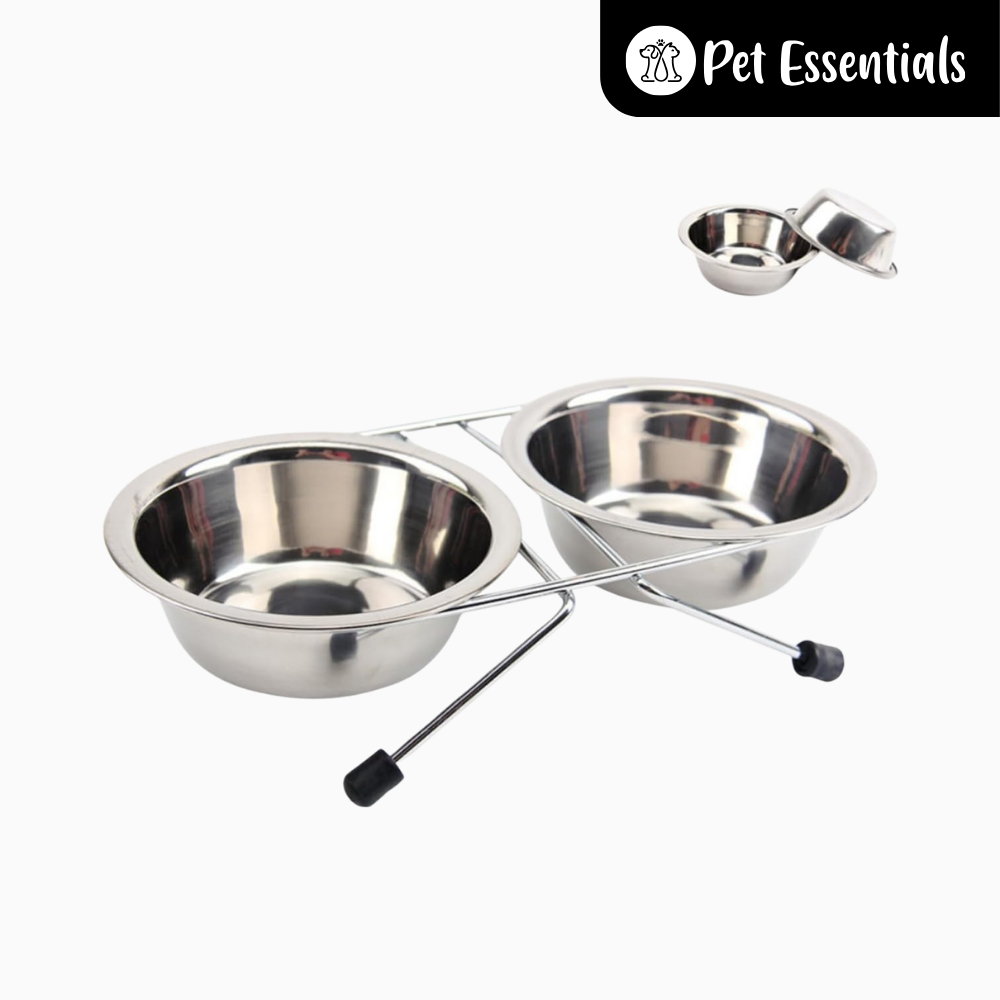 Flamingo Duo Dinner Double Bowl On A Stand For Dogs, Stainless Steel